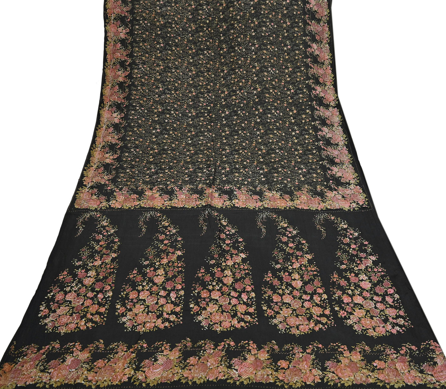 Indian Vintage Sari Black Printed Pure Silk Sarees Craft Fabric 5yd Sewing Floral Soft Dress Designing  for Crafting Quilting Upcycle Wrap