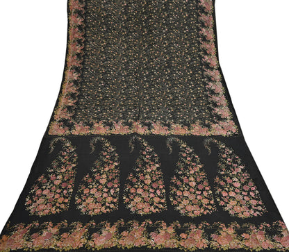 Indian Vintage Sari Black Printed Pure Silk Sarees Craft Fabric 5yd Sewing Floral Soft Dress Designing  for Crafting Quilting Upcycle Wrap