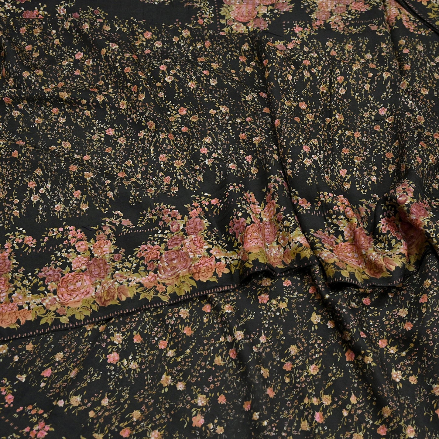 Indian Vintage Sari Black Printed Pure Silk Sarees Craft Fabric 5yd Sewing Floral Soft Dress Designing  for Crafting Quilting Upcycle Wrap