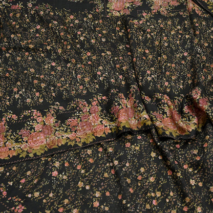 Indian Vintage Sari Black Printed Pure Silk Sarees Craft Fabric 5yd Sewing Floral Soft Dress Designing  for Crafting Quilting Upcycle Wrap