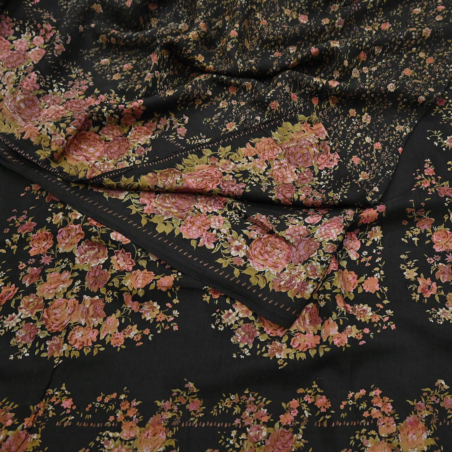 Indian Vintage Sari Black Printed Pure Silk Sarees Craft Fabric 5yd Sewing Floral Soft Dress Designing  for Crafting Quilting Upcycle Wrap