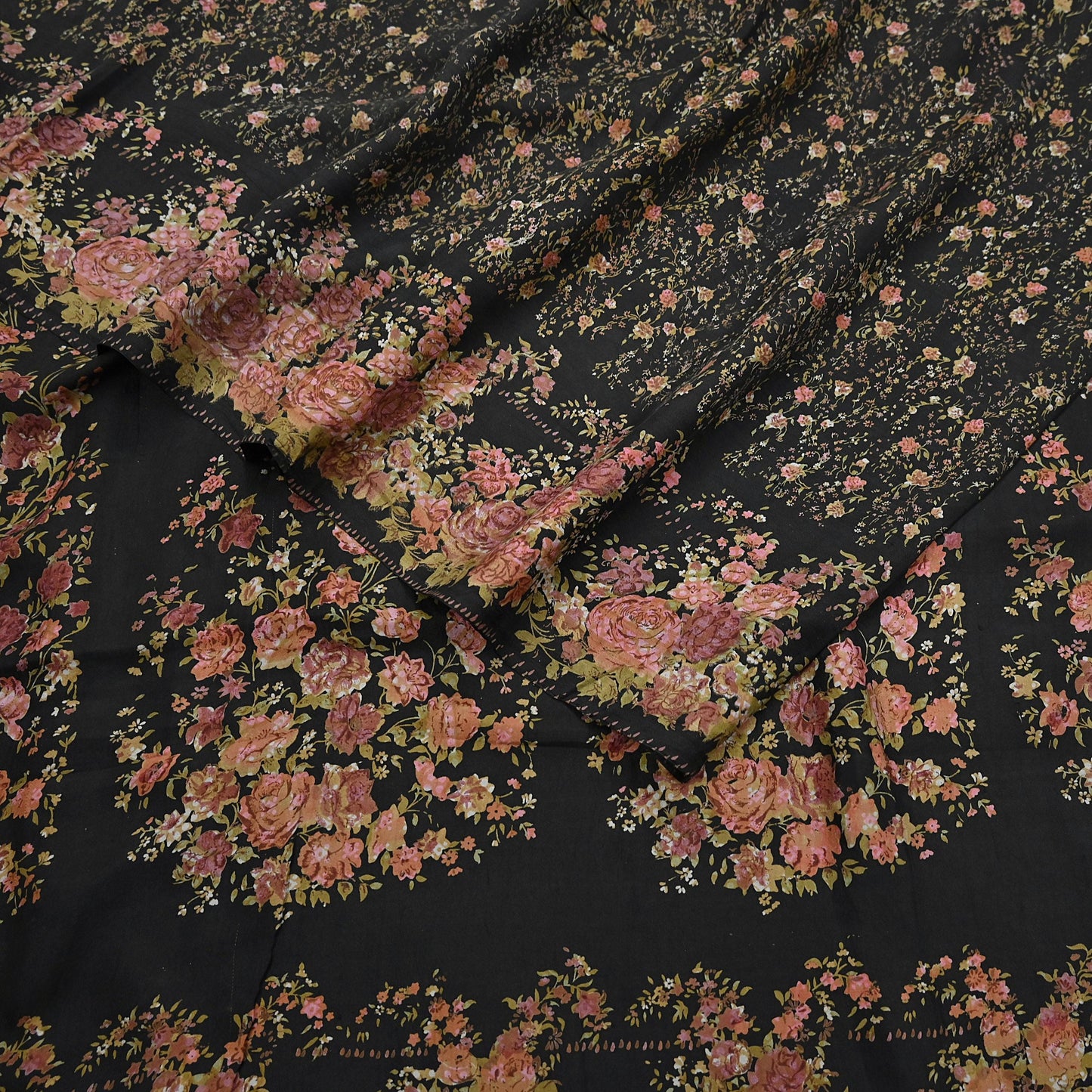 Indian Vintage Sari Black Printed Pure Silk Sarees Craft Fabric 5yd Sewing Floral Soft Dress Designing  for Crafting Quilting Upcycle Wrap