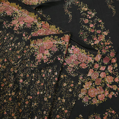 Indian Vintage Sari Black Printed Pure Silk Sarees Craft Fabric 5yd Sewing Floral Soft Dress Designing  for Crafting Quilting Upcycle Wrap