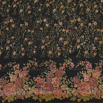 Indian Vintage Sari Black Printed Pure Silk Sarees Craft Fabric 5yd Sewing Floral Soft Dress Designing  for Crafting Quilting Upcycle Wrap