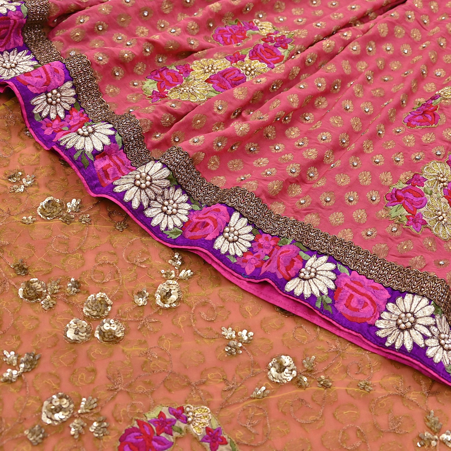 Pre-Owned Sari Yellow Peach Net & Pure Georgette silk Hand Embroidered Designer Manish Malhotra Sarees Ethnic Zardozi Zari Wedding Saree