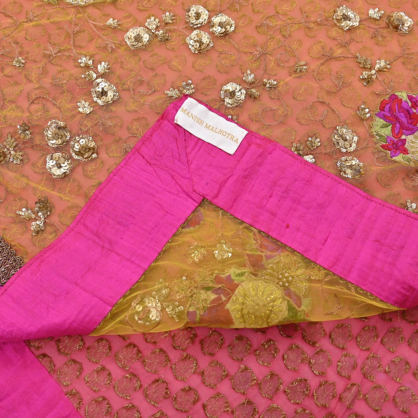 Pre-Owned Sari Yellow Peach Net & Pure Georgette silk Hand Embroidered Designer Manish Malhotra Sarees Ethnic Zardozi Zari Wedding Saree