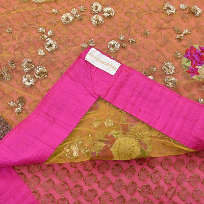 Pre-Owned Sari Yellow Peach Net & Pure Georgette silk Hand Embroidered Designer Manish Malhotra Sarees Ethnic Zardozi Zari Wedding Saree