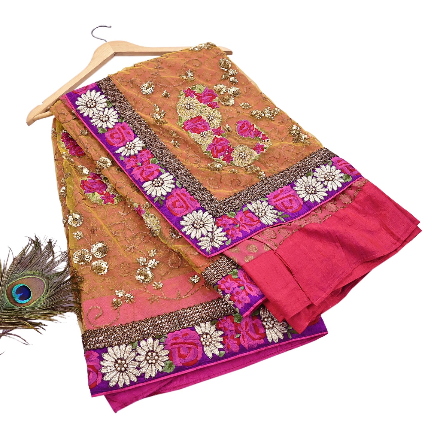 Pre-Owned Sari Yellow Peach Net & Pure Georgette silk Hand Embroidered Designer Manish Malhotra Sarees Ethnic Zardozi Zari Wedding Saree