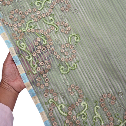 Indian Vintage Sage Green Saree Pure Organza Silk Hand Beaded Abu jani Designer Sari Fabric 6-Yards Soft Ethnic Bollywood Party sarees