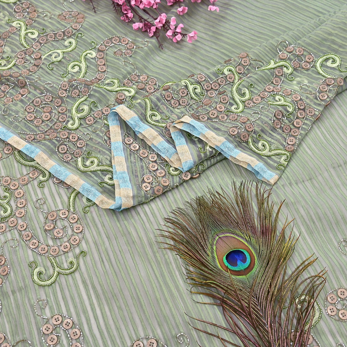 Indian Vintage Sage Green Saree Pure Organza Silk Hand Beaded Abu jani Designer Sari Fabric 6-Yards Soft Ethnic Bollywood Party sarees