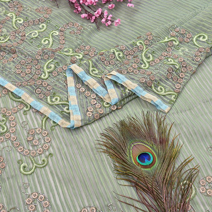 Indian Vintage Sage Green Saree Pure Organza Silk Hand Beaded Abu jani Designer Sari Fabric 6-Yards Soft Ethnic Bollywood Party sarees