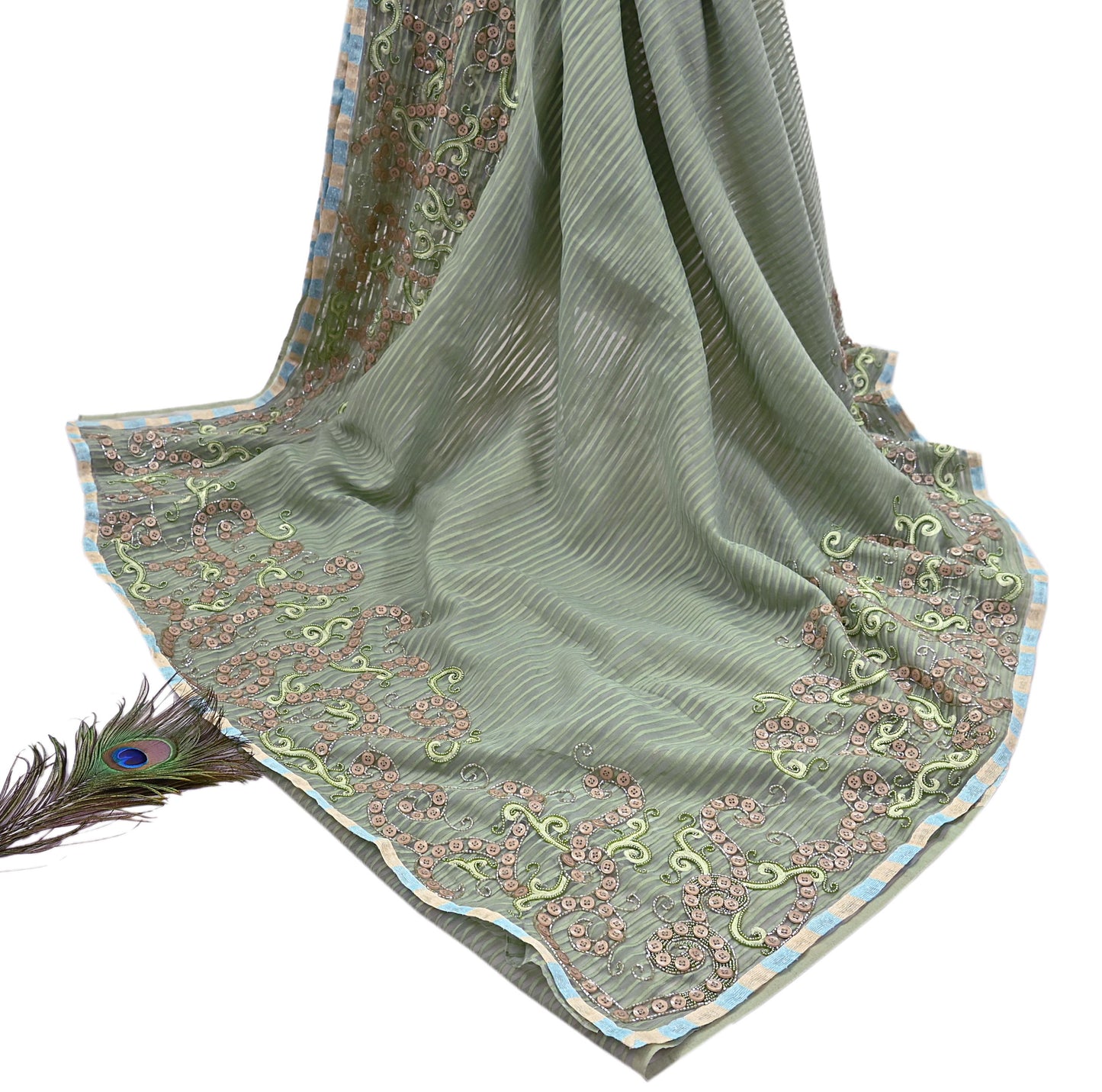 Indian Vintage Sage Green Saree Pure Organza Silk Hand Beaded Abu jani Designer Sari Fabric 6-Yards Soft Ethnic Bollywood Party sarees