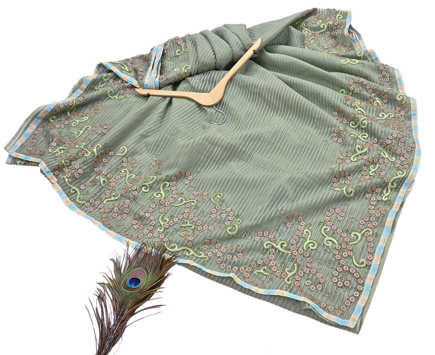 Indian Vintage Sage Green Saree Pure Organza Silk Hand Beaded Abu jani Designer Sari Fabric 6-Yards Soft Ethnic Bollywood Party sarees