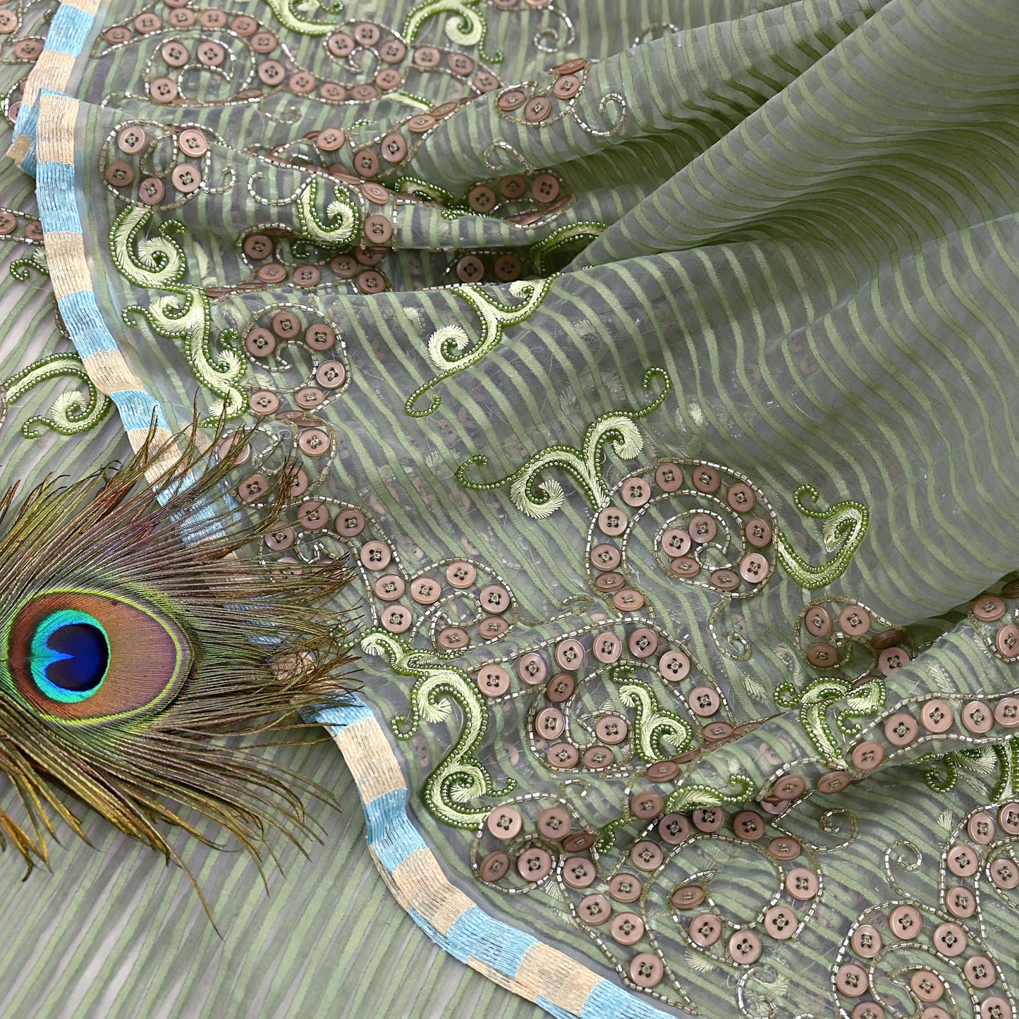 Indian Vintage Sage Green Saree Pure Organza Silk Hand Beaded Abu jani Designer Sari Fabric 6-Yards Soft Ethnic Bollywood Party sarees