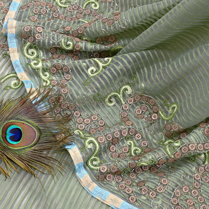Indian Vintage Sage Green Saree Pure Organza Silk Hand Beaded Abu jani Designer Sari Fabric 6-Yards Soft Ethnic Bollywood Party sarees