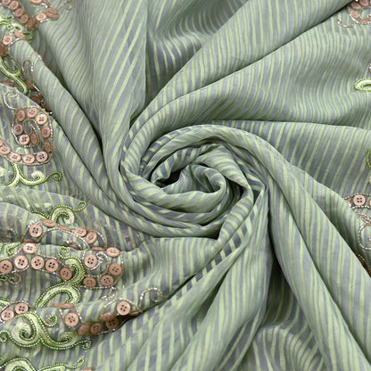 Indian Vintage Sage Green Saree Pure Organza Silk Hand Beaded Abu jani Designer Sari Fabric 6-Yards Soft Ethnic Bollywood Party sarees