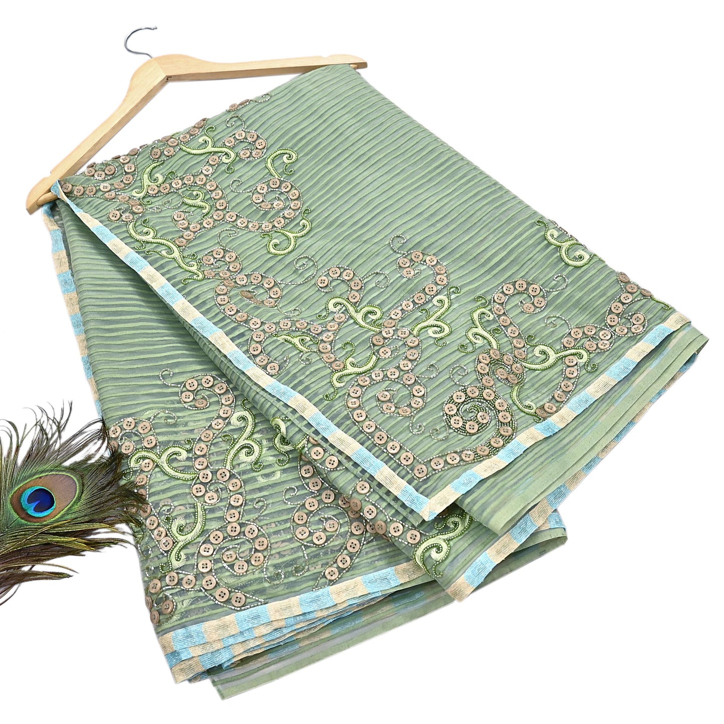 Indian Vintage Sage Green Saree Pure Organza Silk Hand Beaded Abu jani Designer Sari Fabric 6-Yards Soft Ethnic Bollywood Party sarees