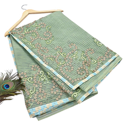 Indian Vintage Sage Green Saree Pure Organza Silk Hand Beaded Abu jani Designer Sari Fabric 6-Yards Soft Ethnic Bollywood Party sarees