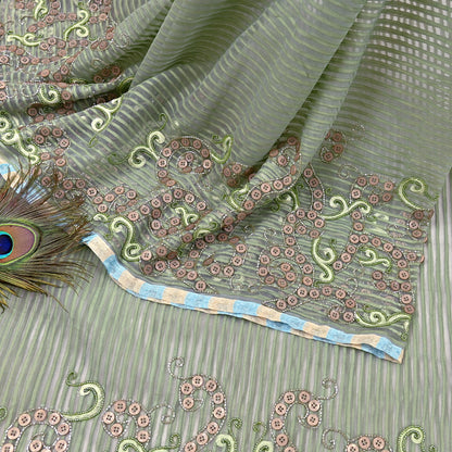 Indian Vintage Sage Green Saree Pure Organza Silk Hand Beaded Abu jani Designer Sari Fabric 6-Yards Soft Ethnic Bollywood Party sarees