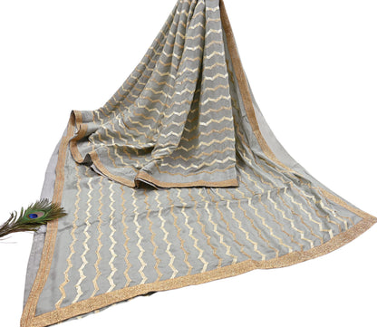 Indian Pre-owned Heavy Sari Gray Pure Silk Hand Embroidered gota patti Sarees Designer Abu Jani 6Yd Sewing Ethnic Sarees