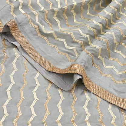 Indian Pre-owned Heavy Sari Gray Pure Silk Hand Embroidered gota patti Sarees Designer Abu Jani 6Yd Sewing Ethnic Sarees