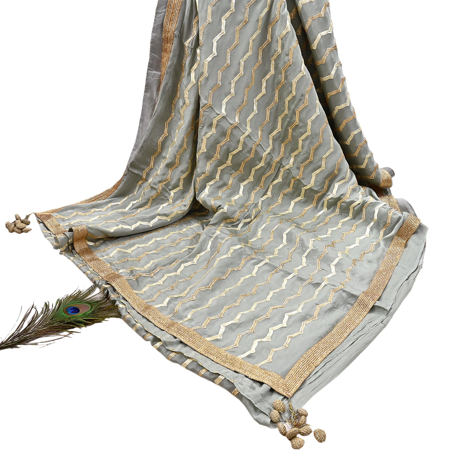 Indian Pre-owned Heavy Sari Gray Pure Silk Hand Embroidered gota patti Sarees Designer Abu Jani 6Yd Sewing Ethnic Sarees