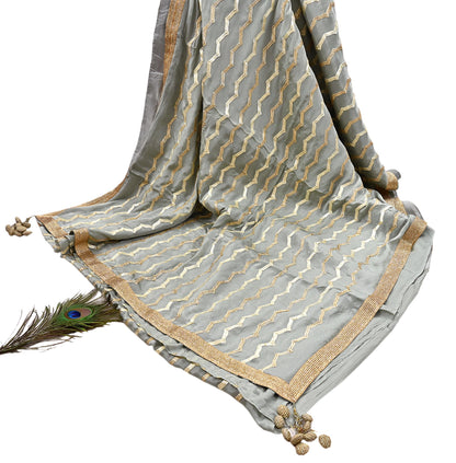Indian Pre-owned Heavy Sari Gray Pure Silk Hand Embroidered gota patti Sarees Designer Abu Jani 6Yd Sewing Ethnic Sarees