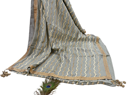 Indian Pre-owned Heavy Sari Gray Pure Silk Hand Embroidered gota patti Sarees Designer Abu Jani 6Yd Sewing Ethnic Sarees