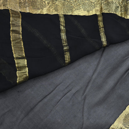 Indian Vintage Sari Black Pure Georgette Silk Hand Woven Zari Sarees 5Yd Craft Fabric Ethnic Soft Upcycle Quilting Bollywood sarees