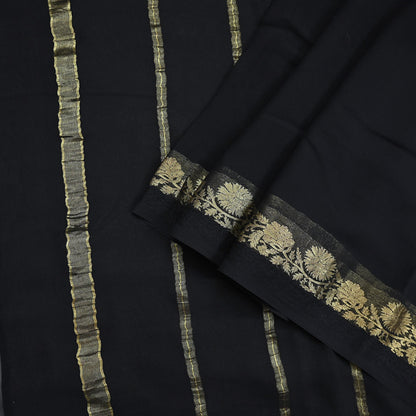 Indian Vintage Sari Black Pure Georgette Silk Hand Woven Zari Sarees 5Yd Craft Fabric Ethnic Soft Upcycle Quilting Bollywood sarees