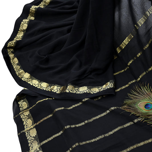 Indian Vintage Sari Black Pure Georgette Silk Hand Woven Zari Sarees 5Yd Craft Fabric Ethnic Soft Upcycle Quilting Bollywood sarees