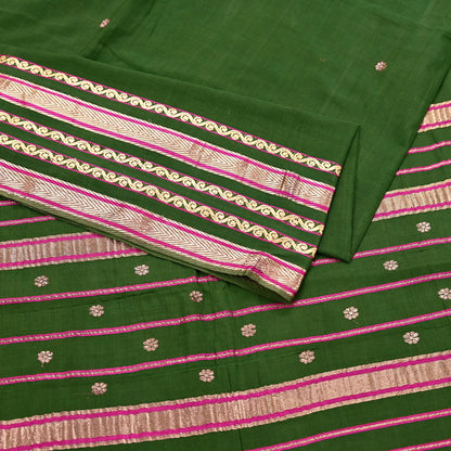 Vintage Sari Green Pure Cotton Hand Woven Sarees Craft Fabric Zari 5Yd Sewing Soft Crafting Dress making Upcycle Quilting Zigzag
