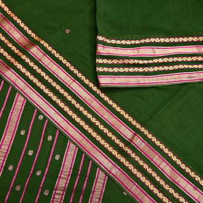 Vintage Sari Green Pure Cotton Hand Woven Sarees Craft Fabric Zari 5Yd Sewing Soft Crafting Dress making Upcycle Quilting Zigzag