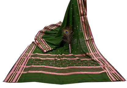 Vintage Sari Green Pure Cotton Hand Woven Sarees Craft Fabric Zari 5Yd Sewing Soft Crafting Dress making Upcycle Quilting Zigzag