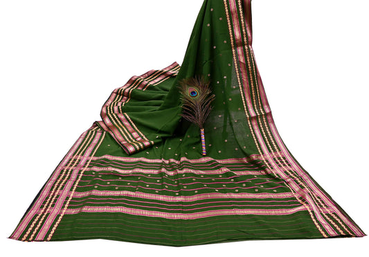 Vintage Sari Green Pure Cotton Hand Woven Sarees Craft Fabric Zari 5Yd Sewing Soft Crafting Dress making Upcycle Quilting Zigzag