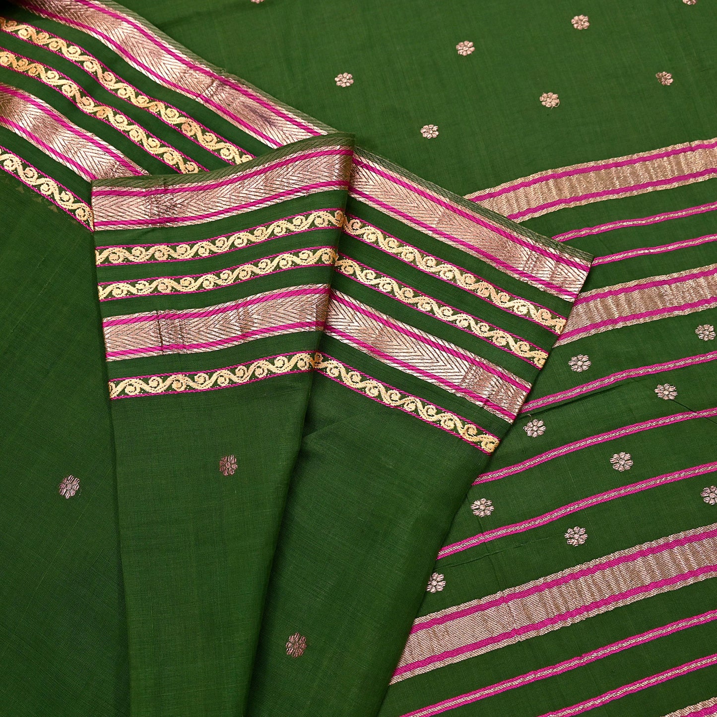 Vintage Sari Green Pure Cotton Hand Woven Sarees Craft Fabric Zari 5Yd Sewing Soft Crafting Dress making Upcycle Quilting Zigzag