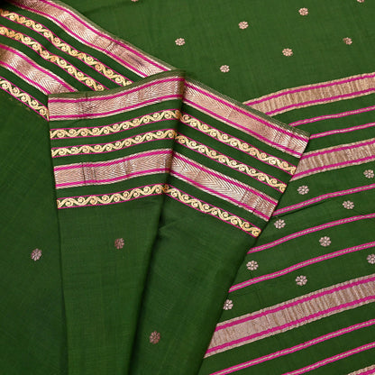 Vintage Sari Green Pure Cotton Hand Woven Sarees Craft Fabric Zari 5Yd Sewing Soft Crafting Dress making Upcycle Quilting Zigzag