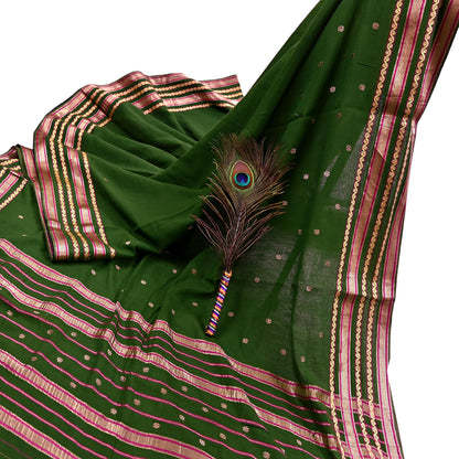 Vintage Sari Green Pure Cotton Hand Woven Sarees Craft Fabric Zari 5Yd Sewing Soft Crafting Dress making Upcycle Quilting Zigzag