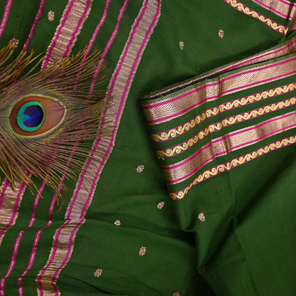 Vintage Sari Green Pure Cotton Hand Woven Sarees Craft Fabric Zari 5Yd Sewing Soft Crafting Dress making Upcycle Quilting Zigzag