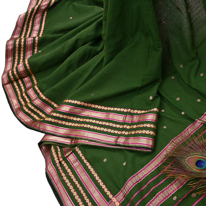 Vintage Sari Green Pure Cotton Hand Woven Sarees Craft Fabric Zari 5Yd Sewing Soft Crafting Dress making Upcycle Quilting Zigzag