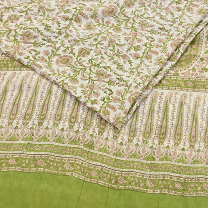 Indian Vintage Ivory & Green Saree Pure Silk Printed Sari 6yd Sewing Craft Fabric Dress Making Soft Crafting Quilting Quilting Upcycle