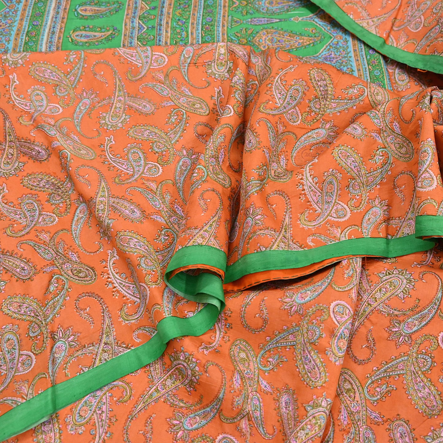 Indian Vintage Sari Orange & Green 100% Pure Silk Printed Saree Craft Fabric 5yd Sewing Dress Making Wrap Paisley Quilting Crafting Upcycle