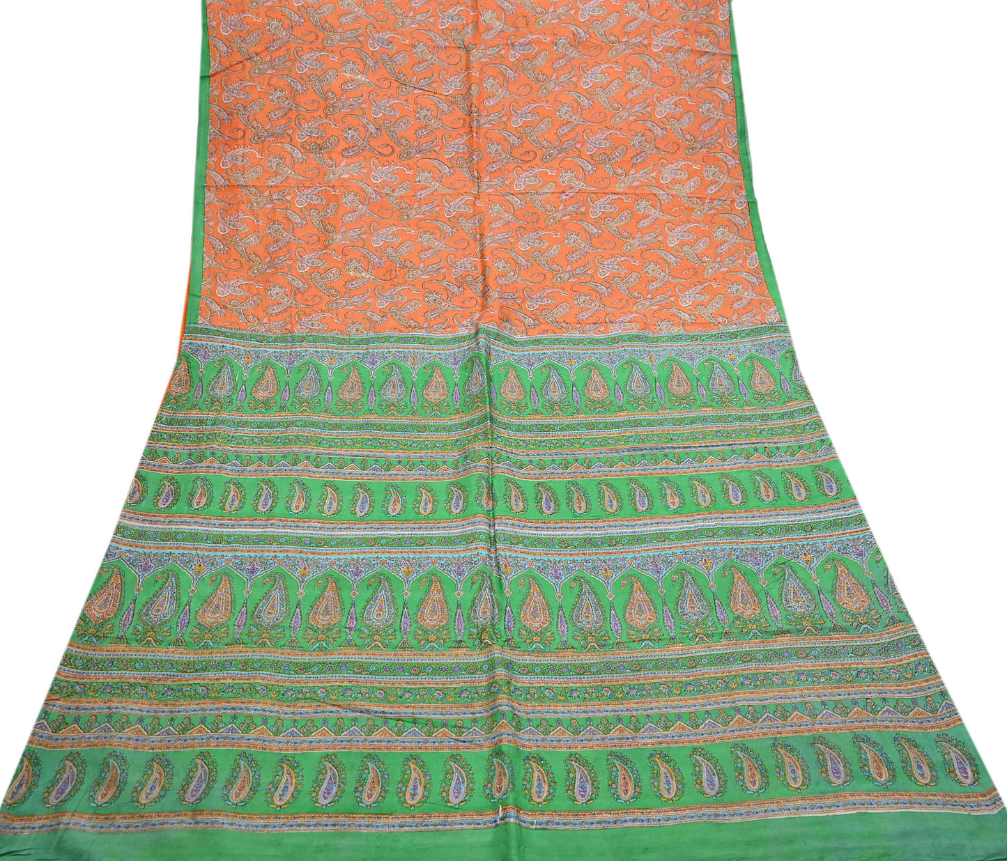 Indian Vintage Sari Orange & Green 100% Pure Silk Printed Saree Craft Fabric 5yd Sewing Dress Making Wrap Paisley Quilting Crafting Upcycle