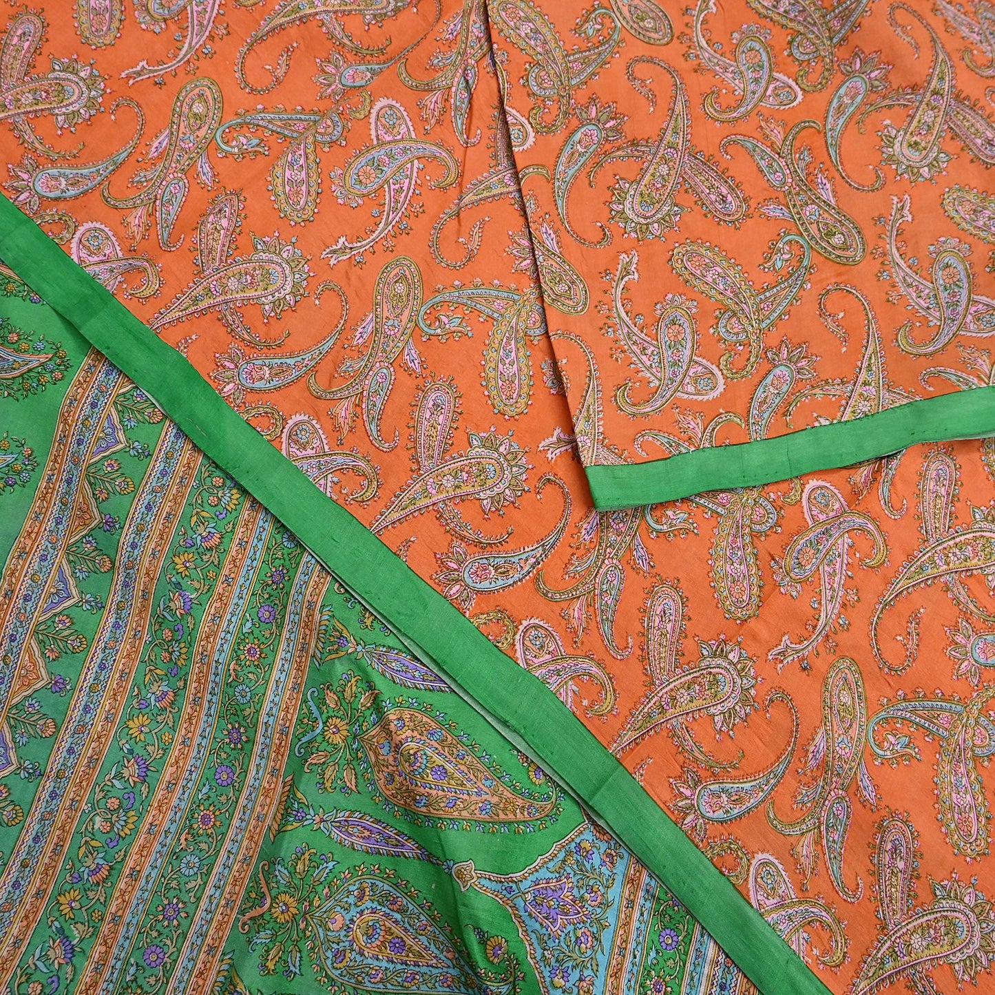 Indian Vintage Sari Orange & Green 100% Pure Silk Printed Saree Craft Fabric 5yd Sewing Dress Making Wrap Paisley Quilting Crafting Upcycle