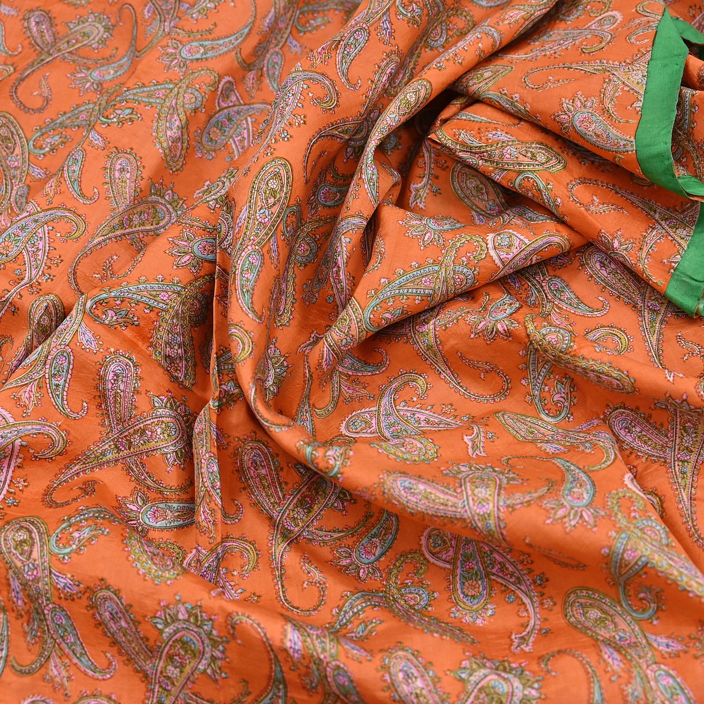 Indian Vintage Sari Orange & Green 100% Pure Silk Printed Saree Craft Fabric 5yd Sewing Dress Making Wrap Paisley Quilting Crafting Upcycle