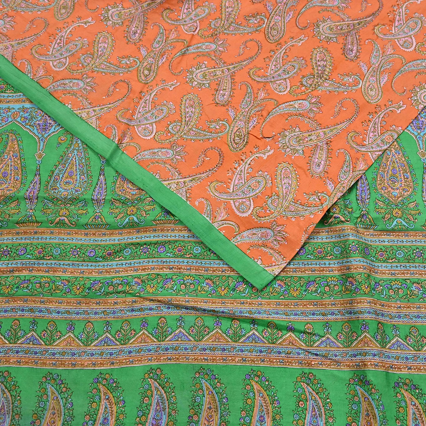 Indian Vintage Sari Orange & Green 100% Pure Silk Printed Saree Craft Fabric 5yd Sewing Dress Making Wrap Paisley Quilting Crafting Upcycle