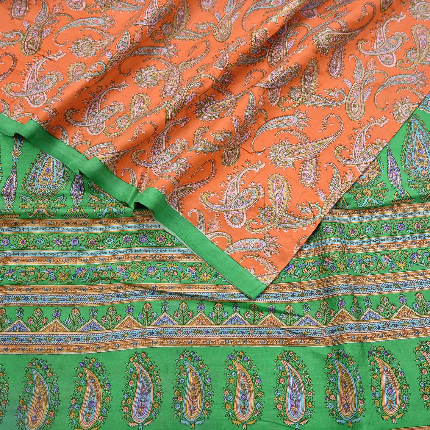 Indian Vintage Sari Orange & Green 100% Pure Silk Printed Saree Craft Fabric 5yd Sewing Dress Making Wrap Paisley Quilting Crafting Upcycle