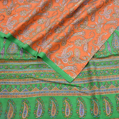 Indian Vintage Sari Orange & Green 100% Pure Silk Printed Saree Craft Fabric 5yd Sewing Dress Making Wrap Paisley Quilting Crafting Upcycle