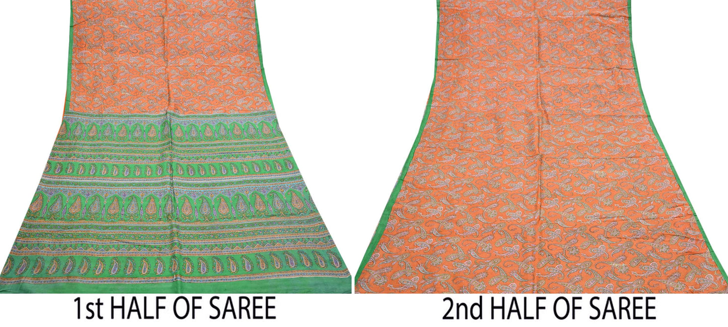 Indian Vintage Sari Orange & Green 100% Pure Silk Printed Saree Craft Fabric 5yd Sewing Dress Making Wrap Paisley Quilting Crafting Upcycle