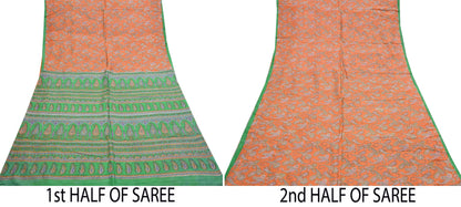 Indian Vintage Sari Orange & Green 100% Pure Silk Printed Saree Craft Fabric 5yd Sewing Dress Making Wrap Paisley Quilting Crafting Upcycle